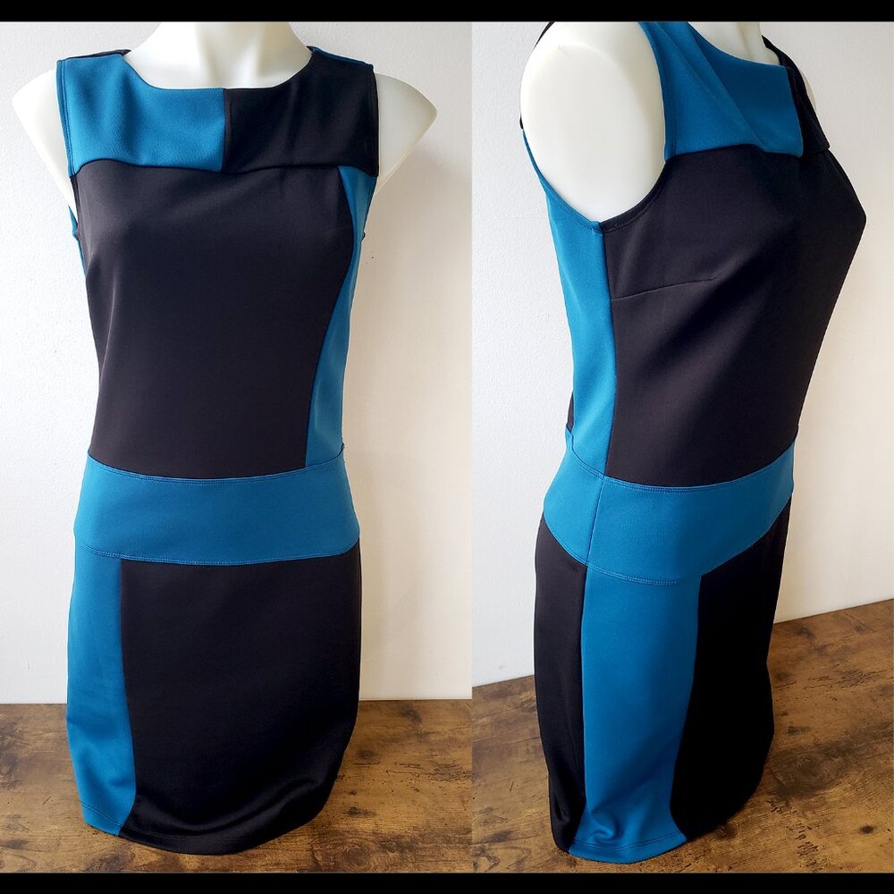 En Focus Studio Bright Cobalt Blue + Black Colour Block Sleeveless Dress